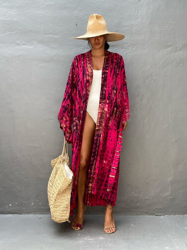 Tkaninowy kimono z przewiązywaniem - Leona-Czerwony-Jeden rozmiar-Trend Polska