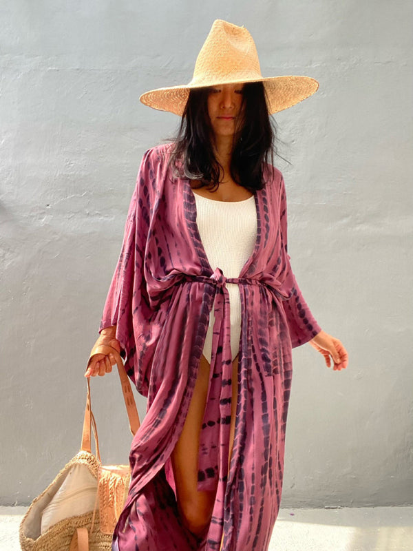 Tkaninowy kimono z przewiązywaniem - Leona-Różowy-Jeden rozmiar-Trend Polska