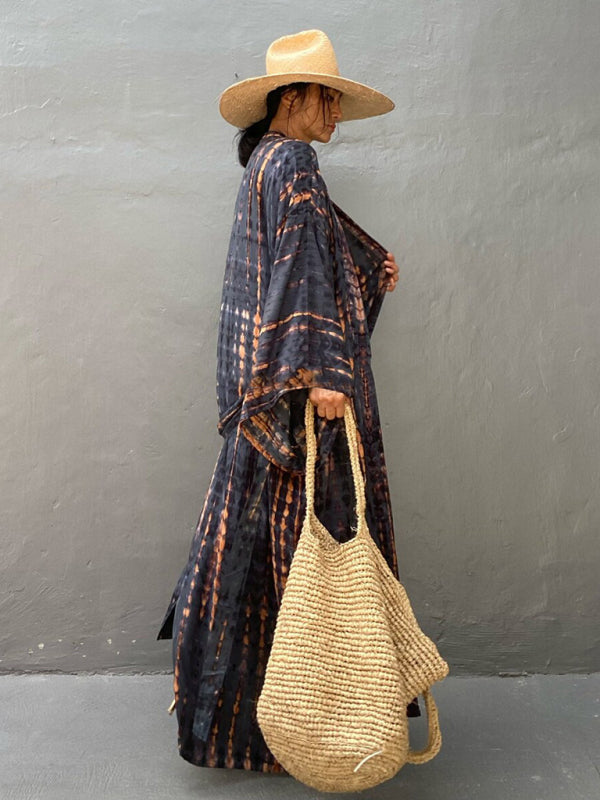 Tkaninowy kimono z przewiązywaniem - Leona-Różowy-Jeden rozmiar-Trend Polska