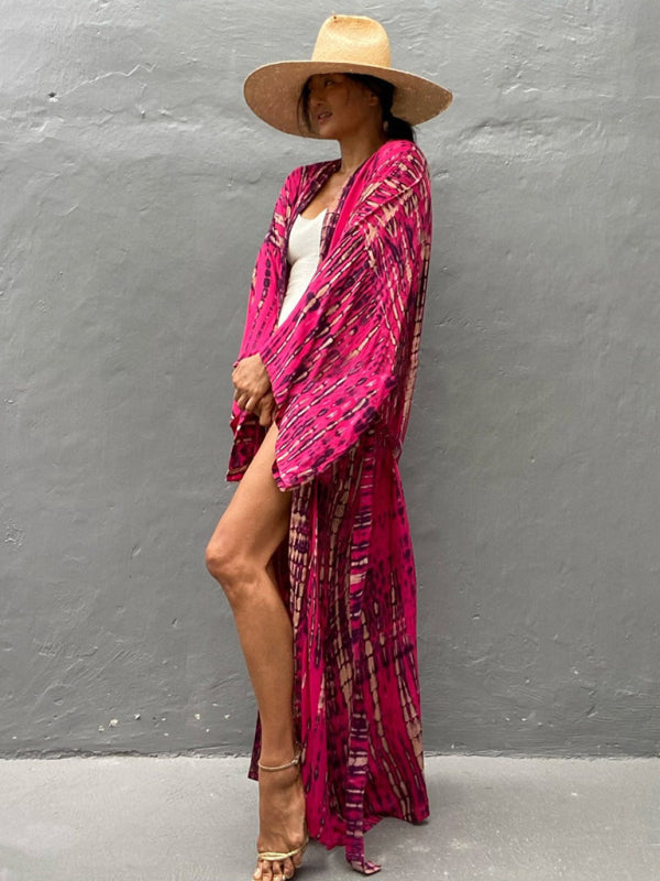 Tkaninowy kimono z przewiązywaniem - Leona-Różowy-Jeden rozmiar-Trend Polska