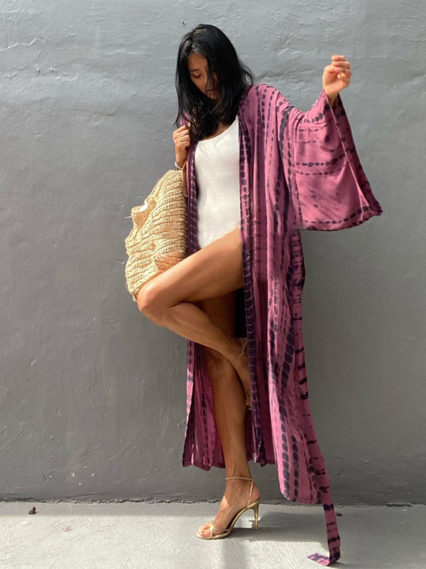 Tkaninowy kimono z przewiązywaniem - Leona-Różowy-Jeden rozmiar-Trend Polska