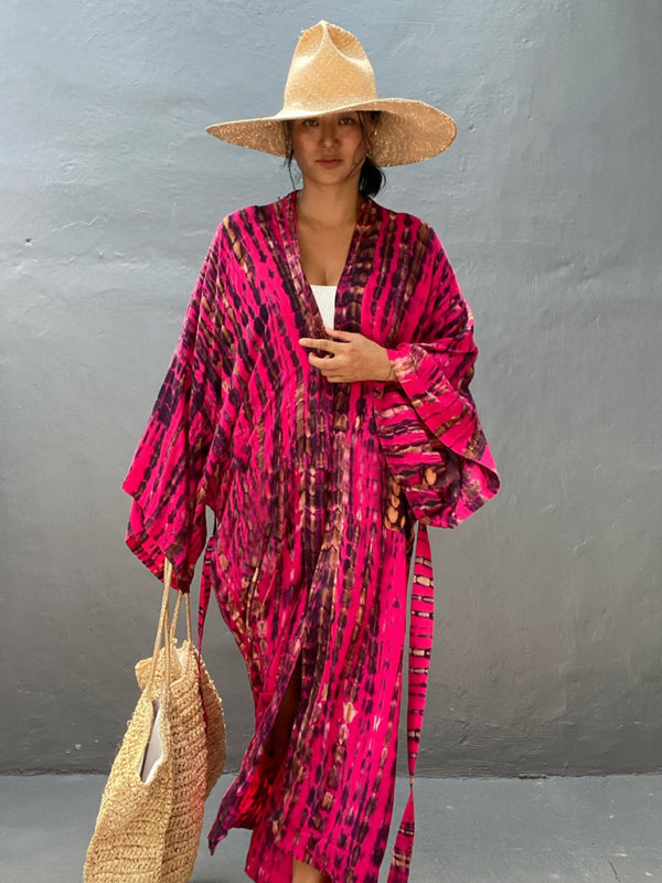 Tkaninowy kimono z przewiązywaniem - Leona-Różowy-Jeden rozmiar-Trend Polska