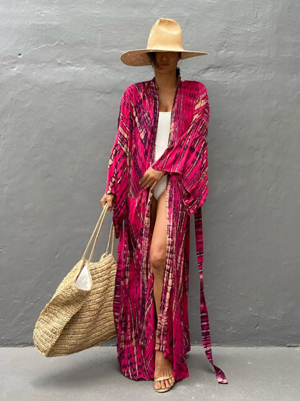 Tkaninowy kimono z przewiązywaniem - Leona-Różowy-Jeden rozmiar-Trend Polska