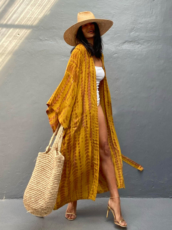 Tkaninowy kimono z przewiązywaniem - Leona-Różowy-Jeden rozmiar-Trend Polska