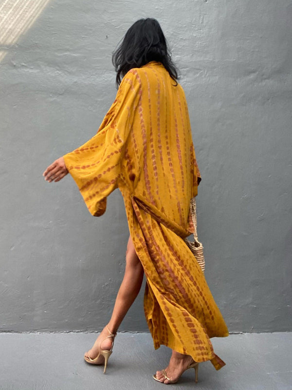 Tkaninowy kimono z przewiązywaniem - Leona-Różowy-Jeden rozmiar-Trend Polska