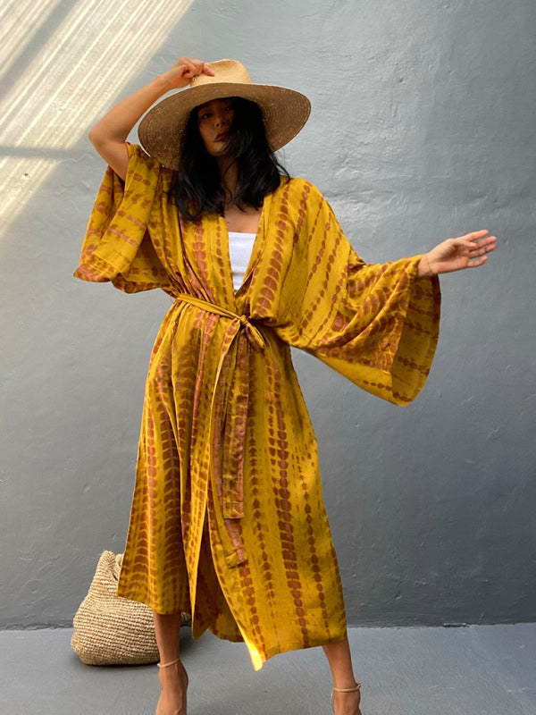 Tkaninowy kimono z przewiązywaniem - Leona-Żółty-Jeden rozmiar-Trend Polska
