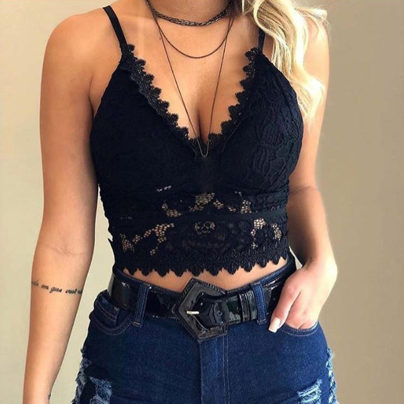 Top damski z koronką i ramiączkami spaghetti – Lina-Czarny-S-Trend Polska