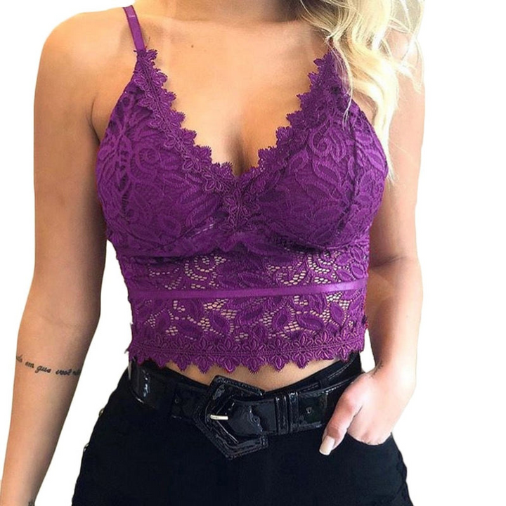 Top damski z koronką i ramiączkami spaghetti – Lina-Liliowy-S-Trend Polska
