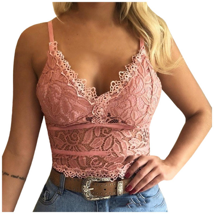 Top damski z koronką i ramiączkami spaghetti – Lina-Różowy-S-Trend Polska