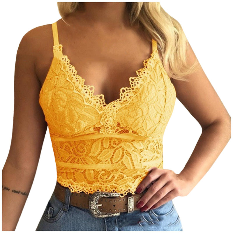 Top damski z koronką i ramiączkami spaghetti – Lina-Żółty-S-Trend Polska