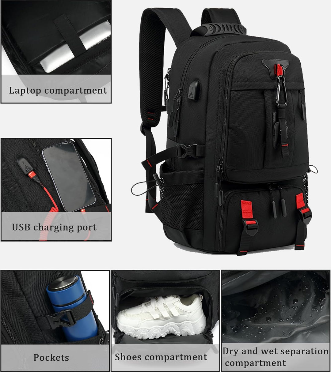 60L Wodoodporny Plecak Podróżny na Laptopa z USB i Komorą na Buty