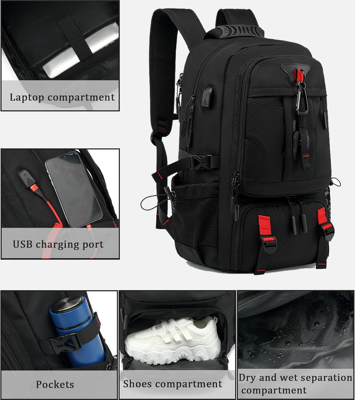 60L Wodoodporny Plecak Podróżny na Laptopa z USB i Komorą na Buty