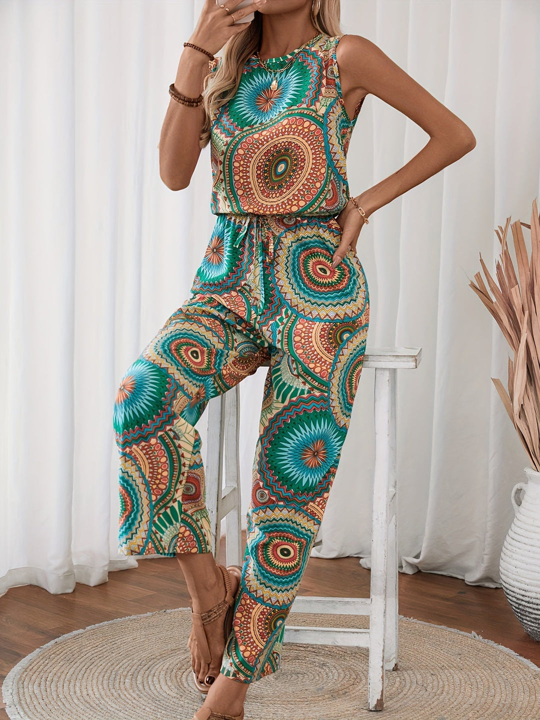 Trendy damski jumpsuit z nadrukiem mandali na lato - BohoStrahl-S-Trend Polska