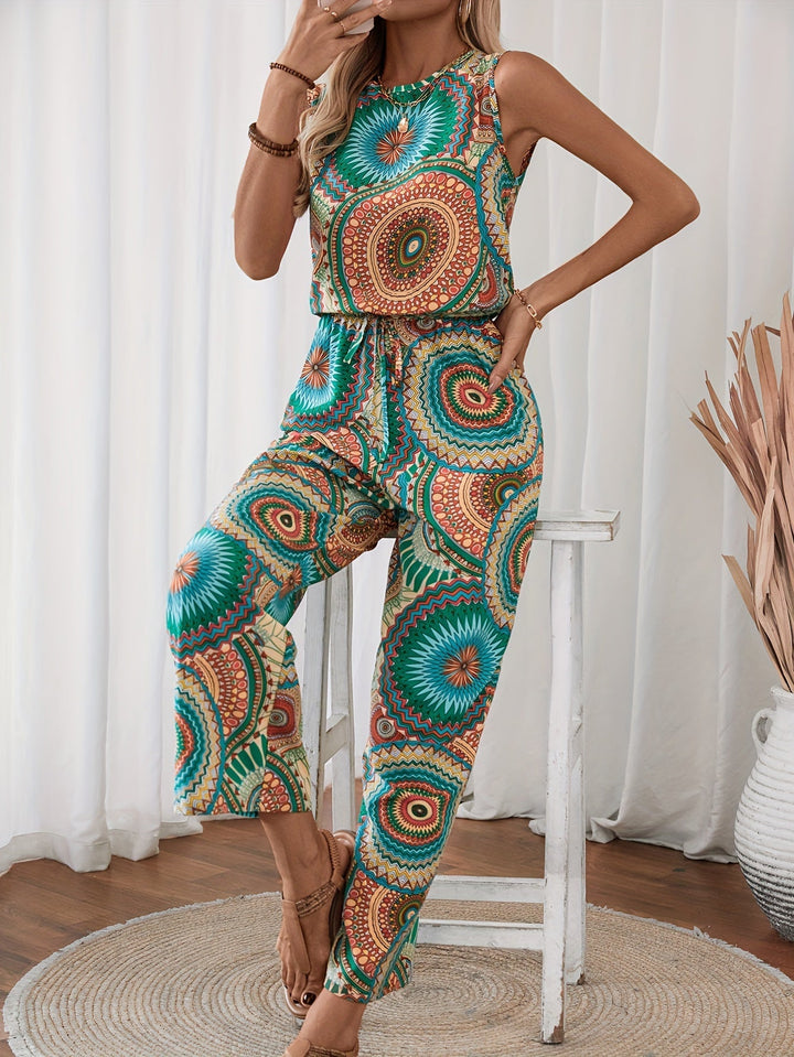Trendy damski jumpsuit z nadrukiem mandali na lato - BohoStrahl-S-Trend Polska