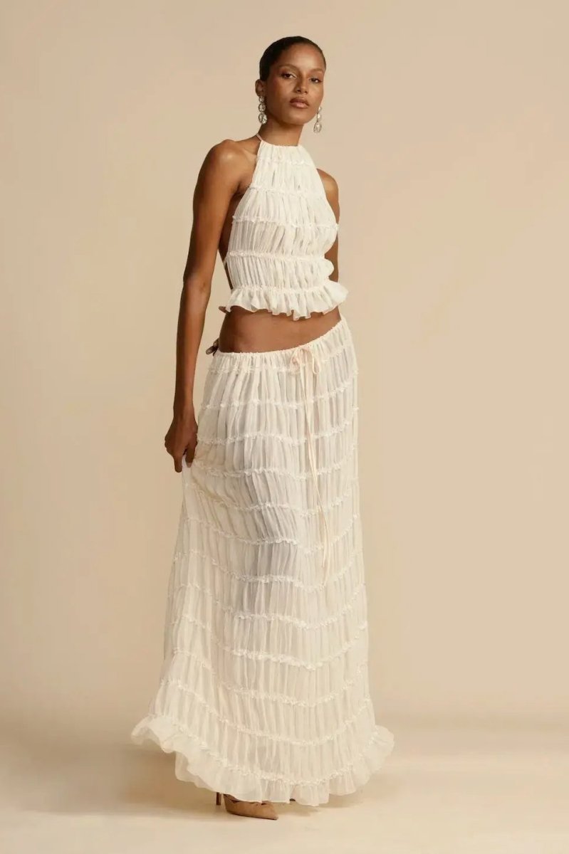 Trendy damski letni komplet z topem na ramiączkach i maxi spódnicą – Lorena-S-Trend Polska