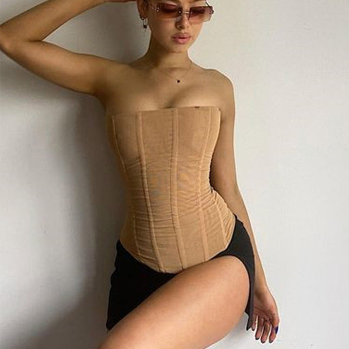 Trendy damski top corsage crop z modelowaniem sylwetki i designem z siateczki – Celina-Khaki-S-Trend Polska