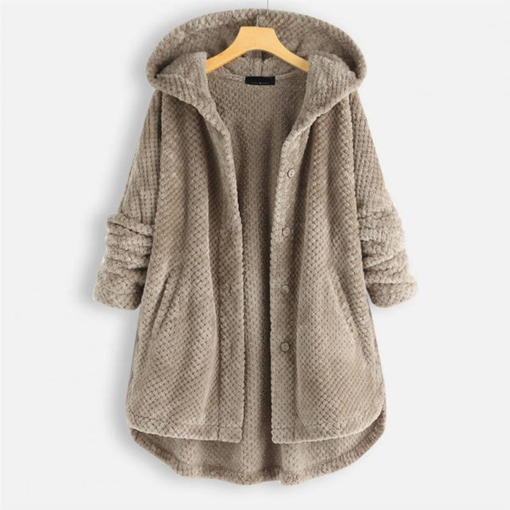 Trendy Fleece'owy Kurtka z Kapturem - FleeceLux-Beżowy-S-Trend Polska