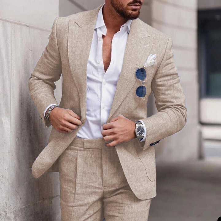 Trendy lniane 2-częściowe garnitur plażowy dla mężczyzn - Caden-Khaki-S-Trend Polska