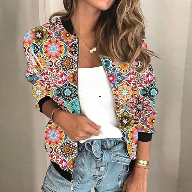 Trendy nadrukowana damska kurtka z zamkiem - Faye-Wielokolorowy-S-Trend Polska