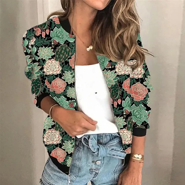 Trendy nadrukowana damska kurtka z zamkiem - Faye-Zielony-S-Trend Polska