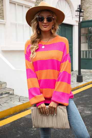 Trendy Pasiasty Sweter Damski - Sohpie-Pomarańczowy-S-Trend Polska