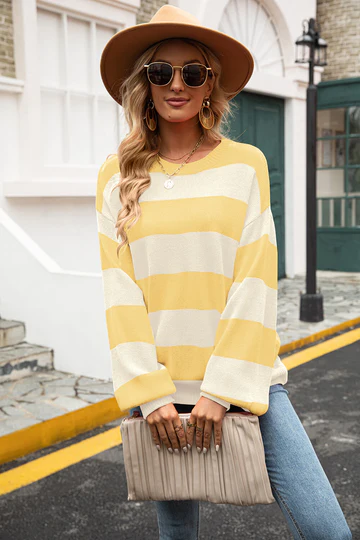 Trendy Pasiasty Sweter Damski - Sohpie-Żółty-S-Trend Polska
