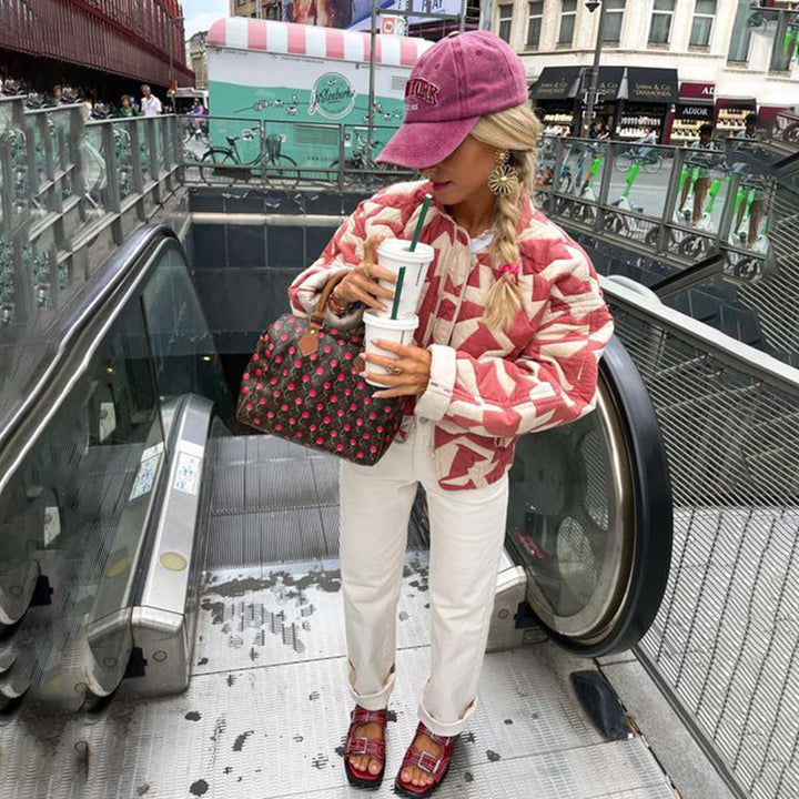 Trendy Print Żakiet Damski - Eva-Czerwony/Beżowy-XS-Trend Polska