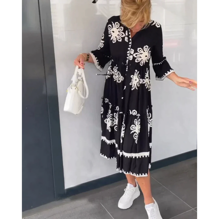 Trendy Sukienka z Kwiatowym Wzorem i Rękawami 3/4 – Elin-Czarny-S-Trend Polska