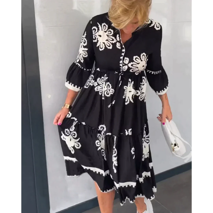 Trendy Sukienka z Kwiatowym Wzorem i Rękawami 3/4 – Elin-Czarny-S-Trend Polska