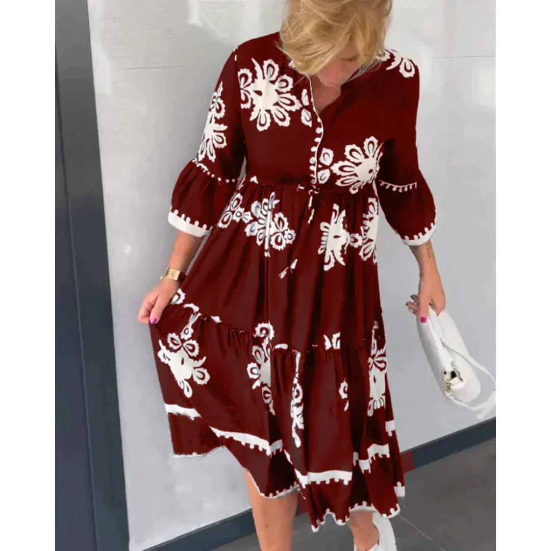 Trendy Sukienka z Kwiatowym Wzorem i Rękawami 3/4 – Elin-Czarny-S-Trend Polska