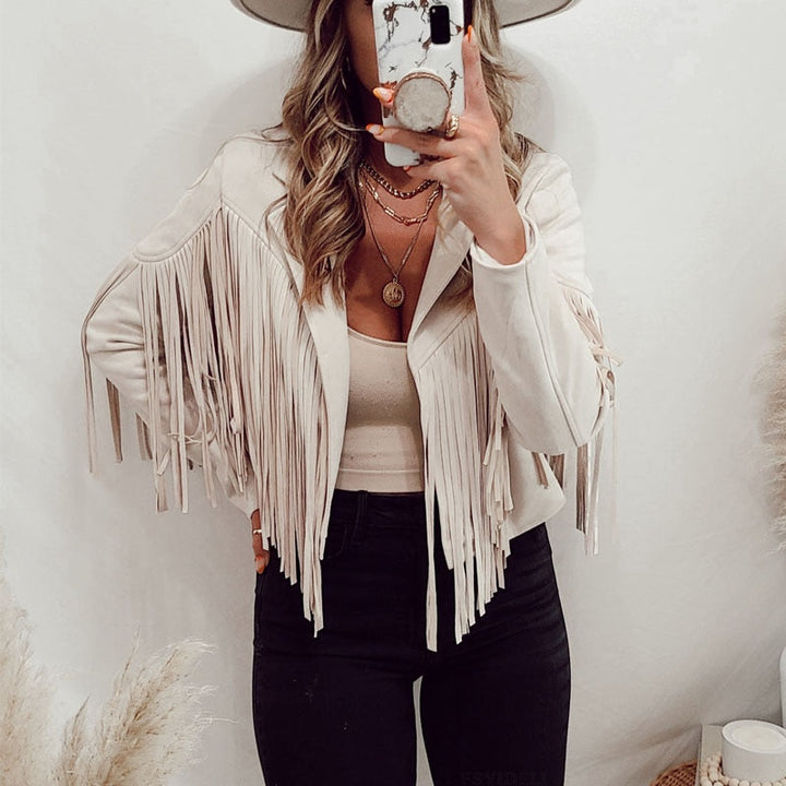 Trendy zamszowa damska kurtka z frędzlami - Isabella-Biały-S-Trend Polska