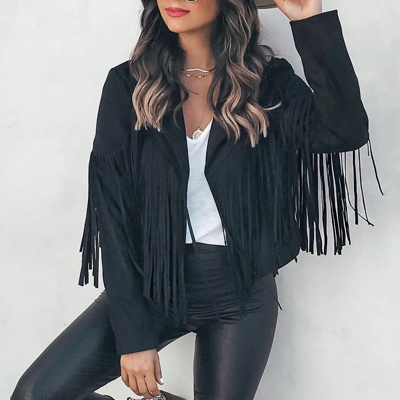 Trendy zamszowa damska kurtka z frędzlami - Isabella-Czarny-S-Trend Polska