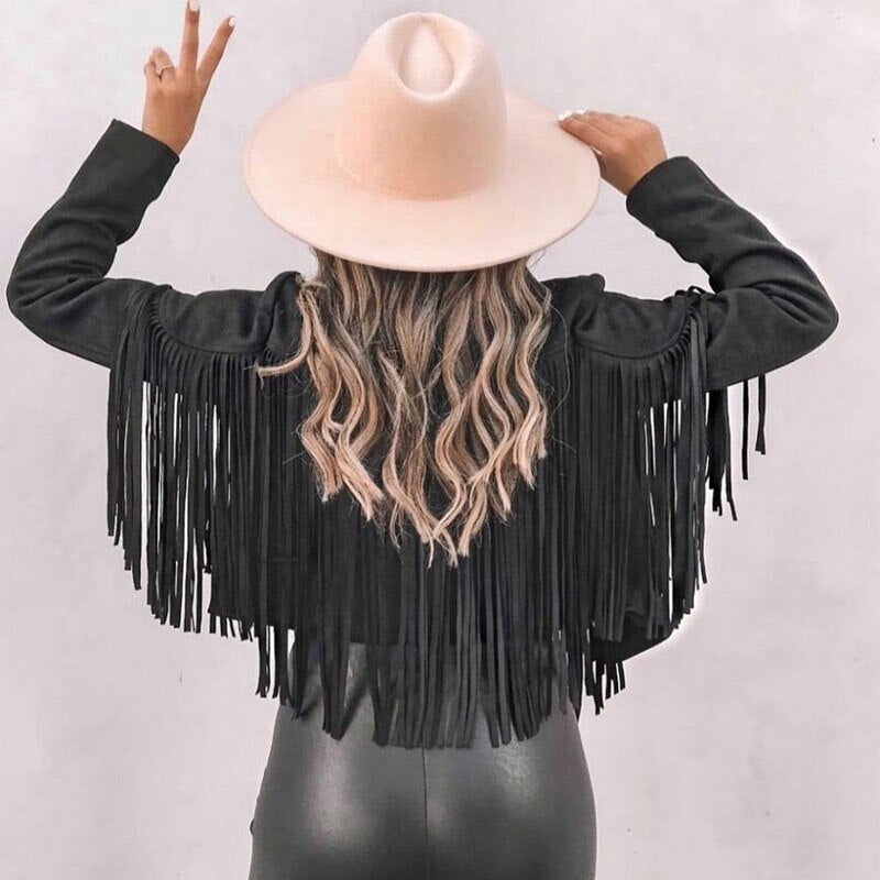 Trendy zamszowa damska kurtka z frędzlami - Isabella-Czarny-S-Trend Polska