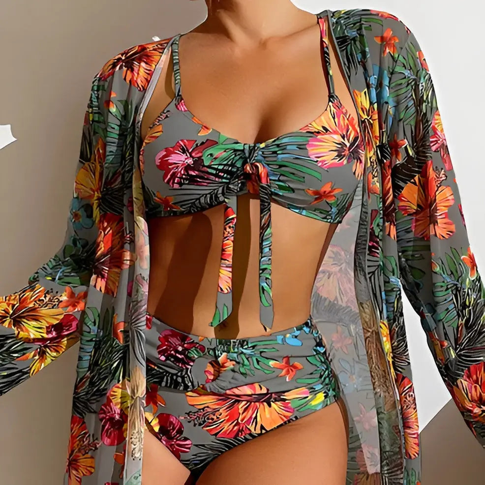 Trójczęściowy zestaw bikini z wysokim stanem – Yara-Szary-S-Trend Polska