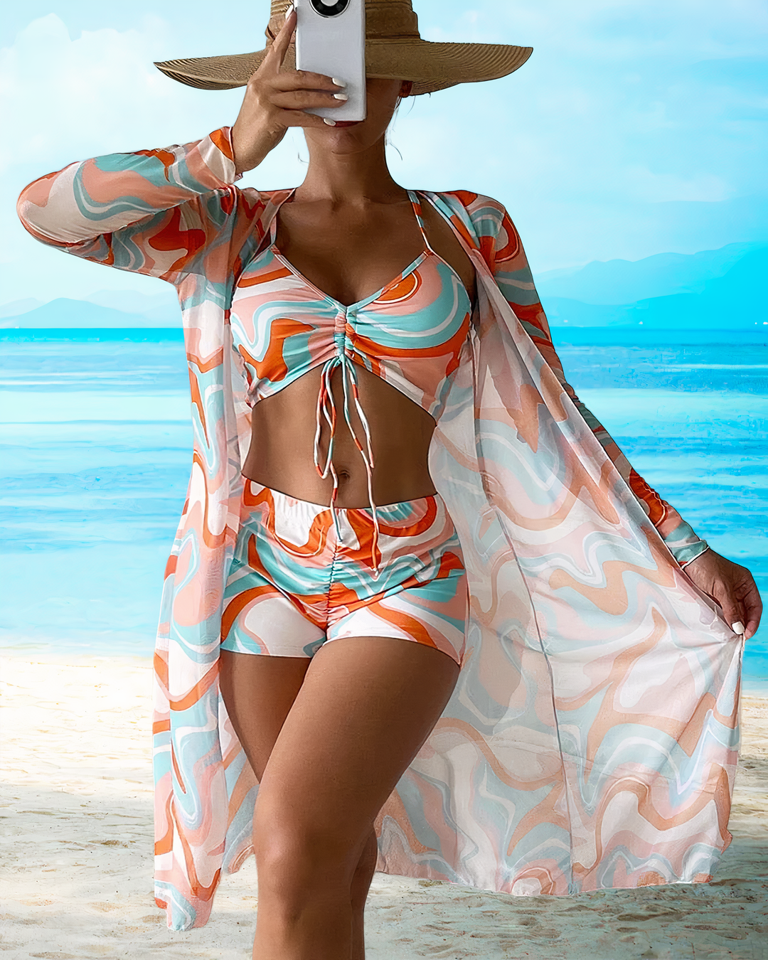Trzyczęściowy zestaw bikini z wysokim stanem i narzutką – Marisse-Pomarańczowy-S-Trend Polska