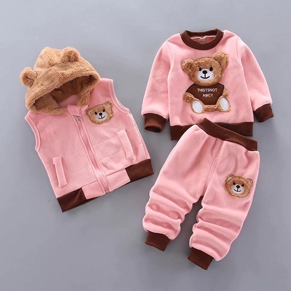Trzyczęściowy zestaw dla niemowląt i małych dzieci z motywem misia – BearHugs-Różowy-6-9 Miesięcy (68-74 cm)-Trend Polska