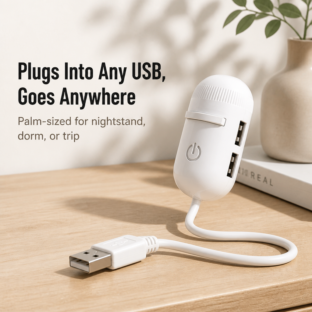 Biała kapsułka z elastycznym kablem i wtyczką USB leży na jasnym blacie, z dwoma portami USB z boku, obok wazon. 2
