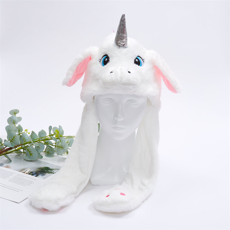 Urocza Czapka z Ruchomymi Uszami – Czapka BunnyBounce-Biały Jednorożec-Trend Polska