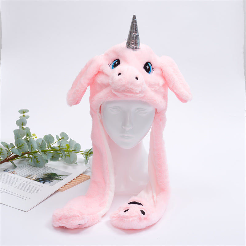 Urocza Czapka z Ruchomymi Uszami – Czapka BunnyBounce-Różowy Jednorożec-Trend Polska