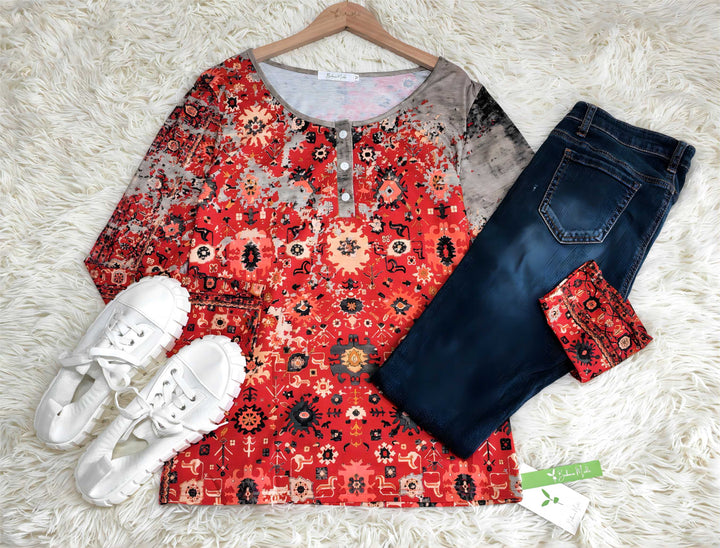 Vintage Azteken-Print Longsleeve - Wzór jesienny-S-Trend Polska