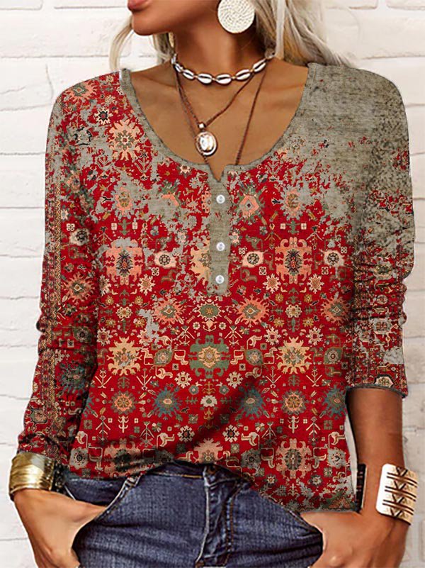 Vintage Azteken-Print Longsleeve - Wzór jesienny-S-Trend Polska