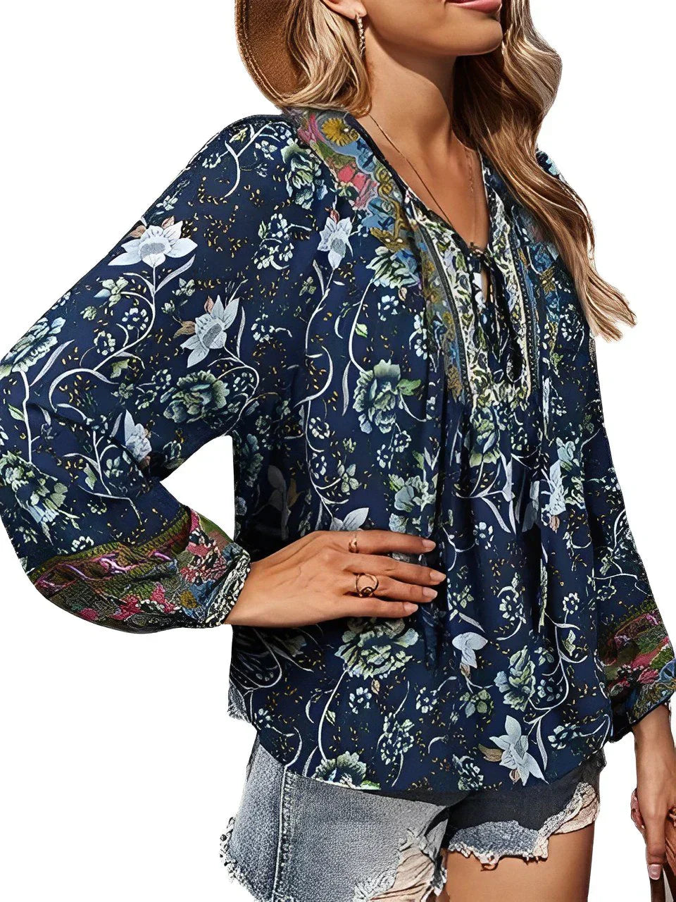 Vintage Boho letnia bluzka z nadrukiem kwiatowym i długimi rękawami – Sana-Morski-S-Trend Polska