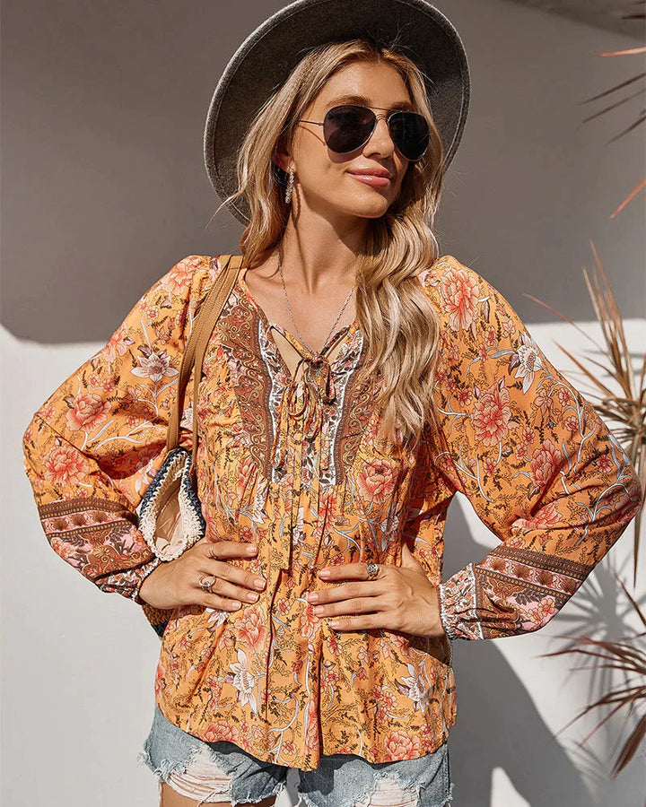 Vintage Boho letnia bluzka z nadrukiem kwiatowym i długimi rękawami – Sana-Pomarańczowy-S-Trend Polska