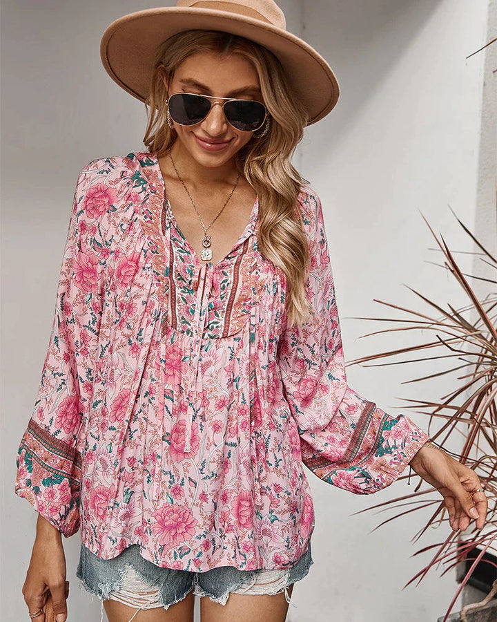 Vintage Boho letnia bluzka z nadrukiem kwiatowym i długimi rękawami – Sana-Różowy-S-Trend Polska