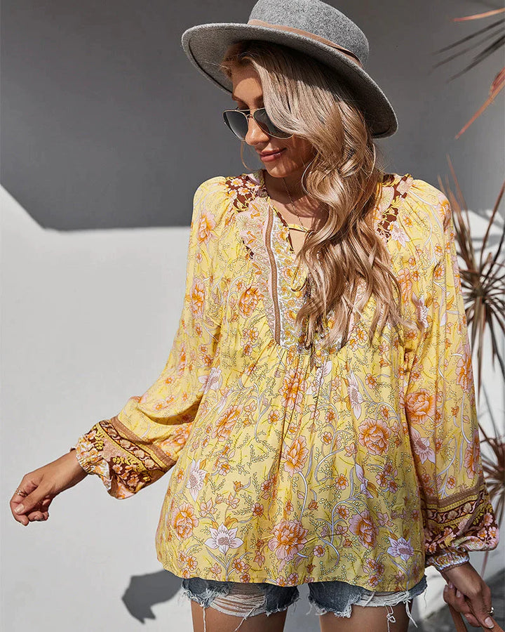 Vintage Boho letnia bluzka z nadrukiem kwiatowym i długimi rękawami – Sana-Zielony-S-Trend Polska