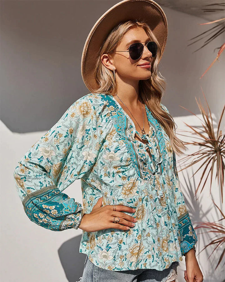 Vintage Boho letnia bluzka z nadrukiem kwiatowym i długimi rękawami – Sana-Zielony-S-Trend Polska