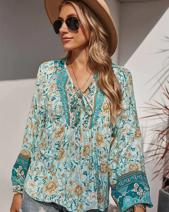 Vintage Boho letnia bluzka z nadrukiem kwiatowym i długimi rękawami – Sana-Zielony-S-Trend Polska
