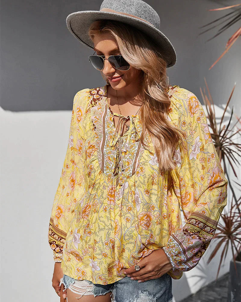 Vintage Boho letnia bluzka z nadrukiem kwiatowym i długimi rękawami – Sana-Żółty-S-Trend Polska