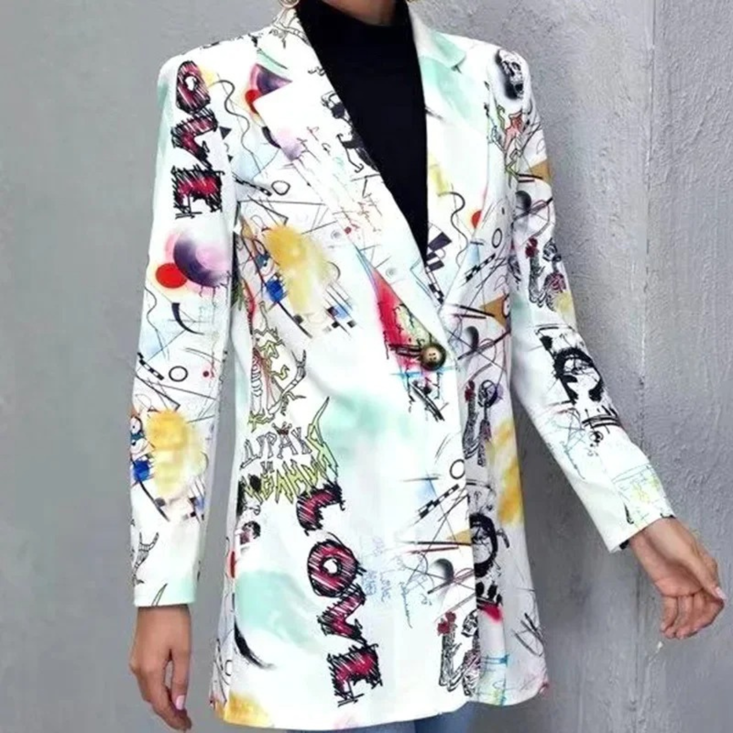 Vintage Casual Blazer z nieregularnym nadrukiem - Aria-Biały-S-Trend Polska