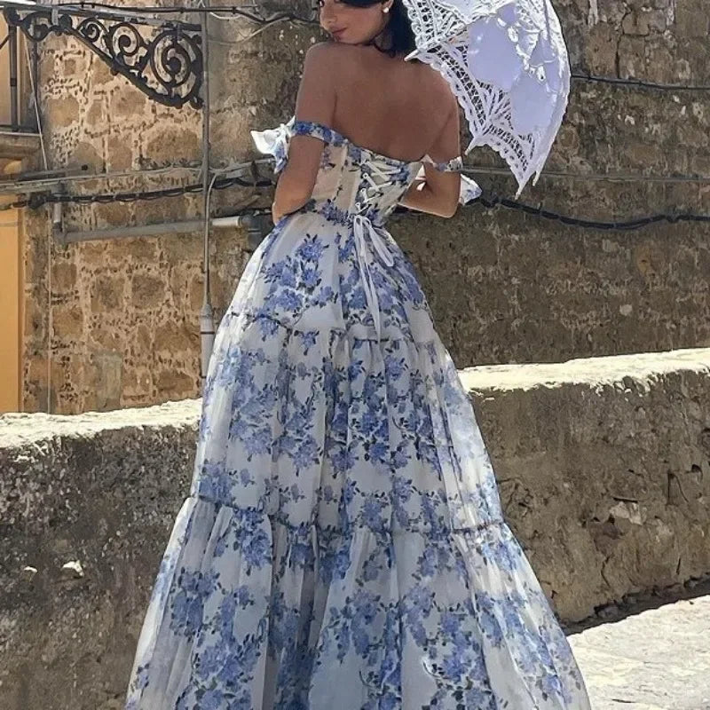 Vintage Niebieska Sukienka Wieczorowa Bez Ramiączek - Elena-Niebieski-XS-Trend Polska